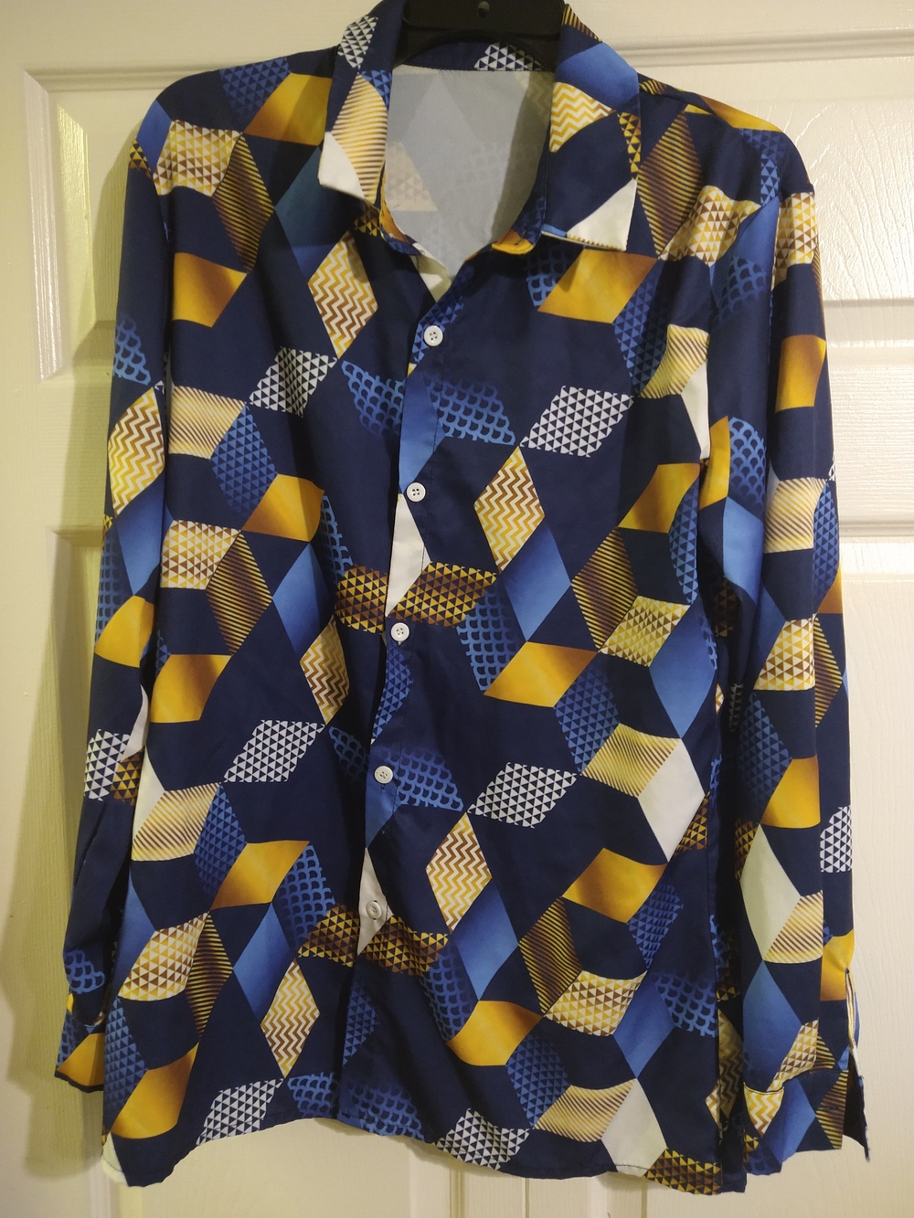 Men's Geometric Navy, Yellow & Blue Button-Down Shirt